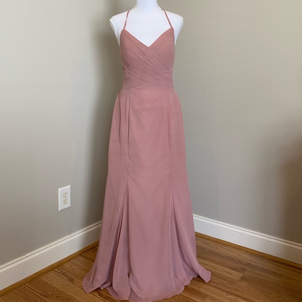 Rose Evening or Bridesmaid Gown with Spaghetti Straps and Wrapped Bodice
